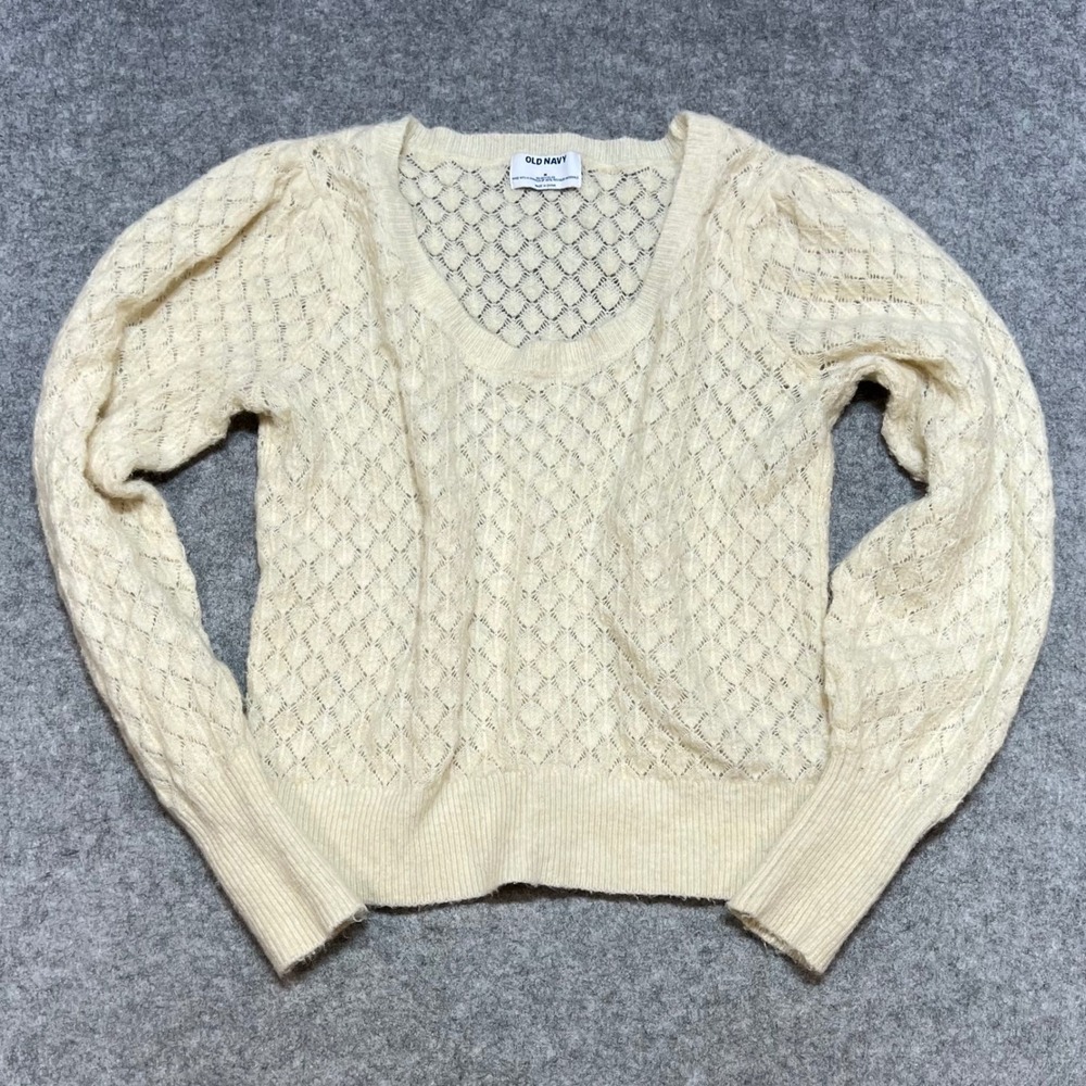 Old Navy Cream Pointelle Knit Wool Blend Scoop Neck Puff Sleeve Sweater Medium